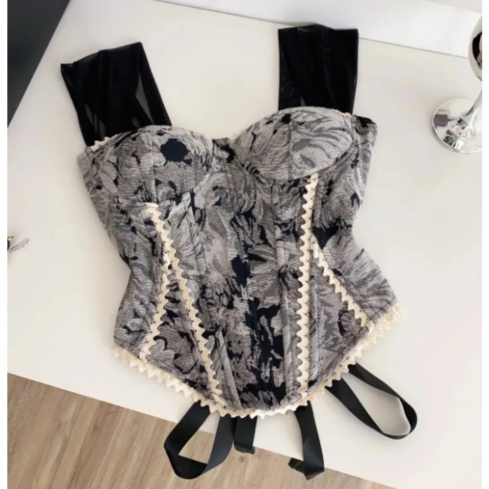 vintage chic Draw String lace Spliced Tank Top Sexy Korean Fashion Sleeveless straps Tops Women Top