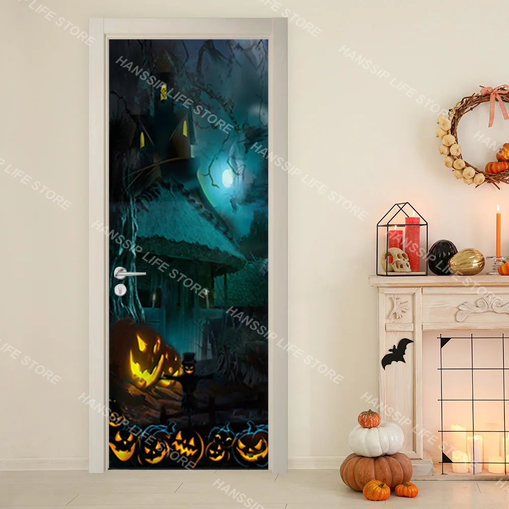 Horror Evil Ghost Pattern Door Sticker Poster Removable Holloween Gloomy Dreadful Design Door Wrap
