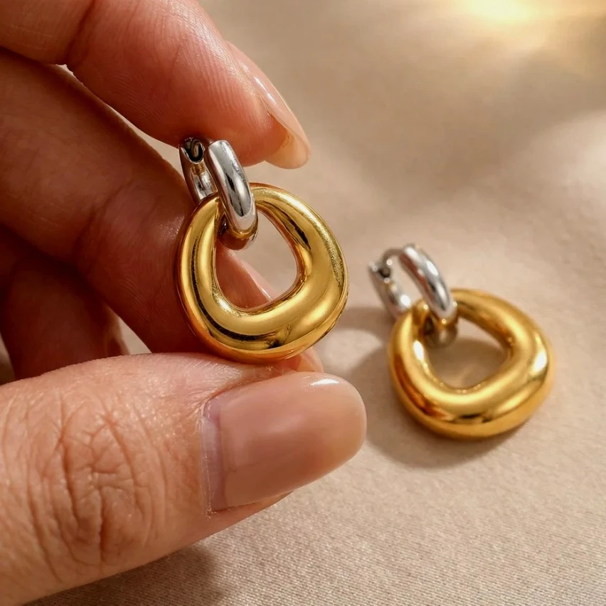Mariasz Minimalist Chunky Gold Color Stainless Steel Hoop Earrings for Women Puffy Dangle Earrings Geometric Statement Jewelry