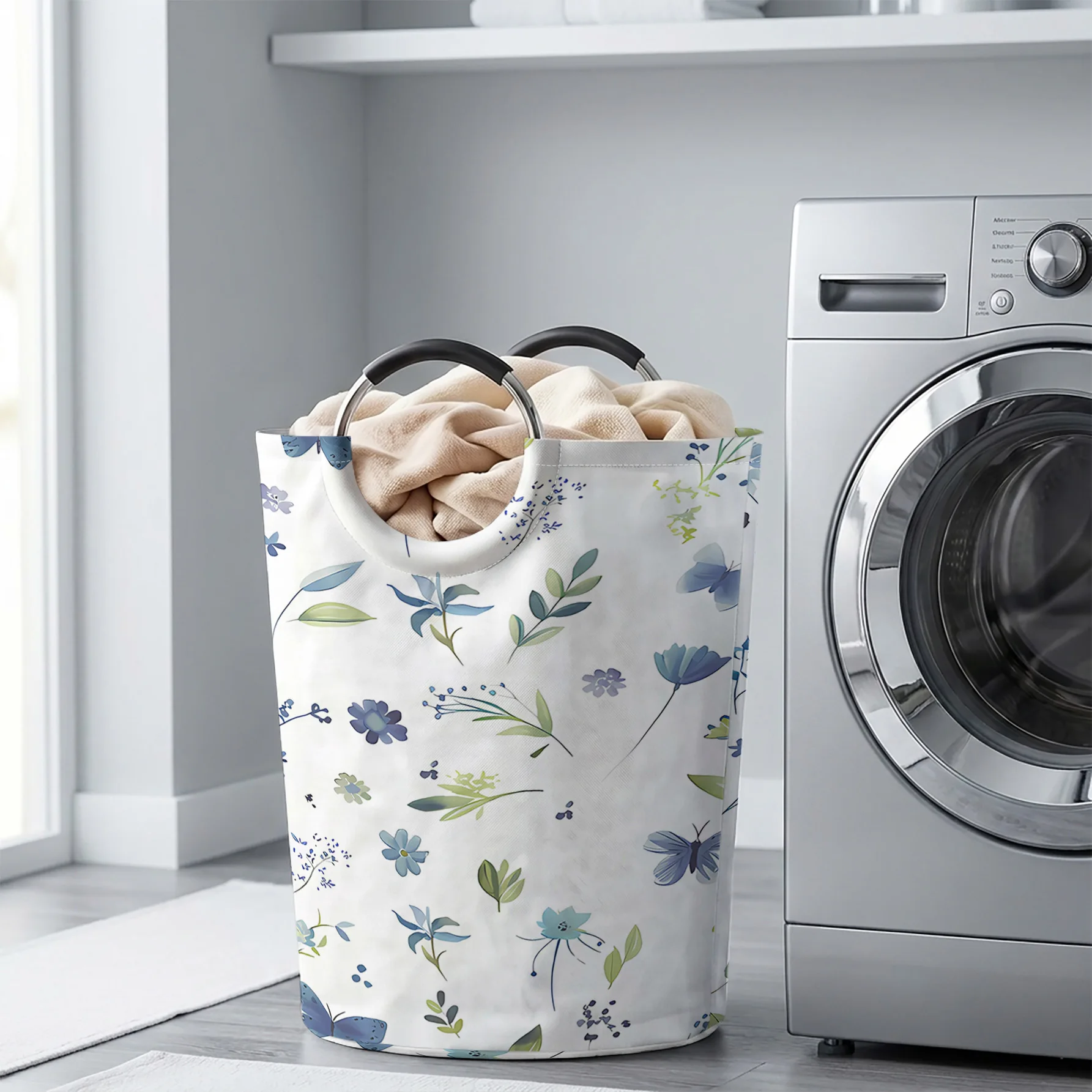 Blue Flowers And Butterflies Floral All‑Over Print Handheld Storage Basket, For Laundry, Bedroom & Home Sundries Storage