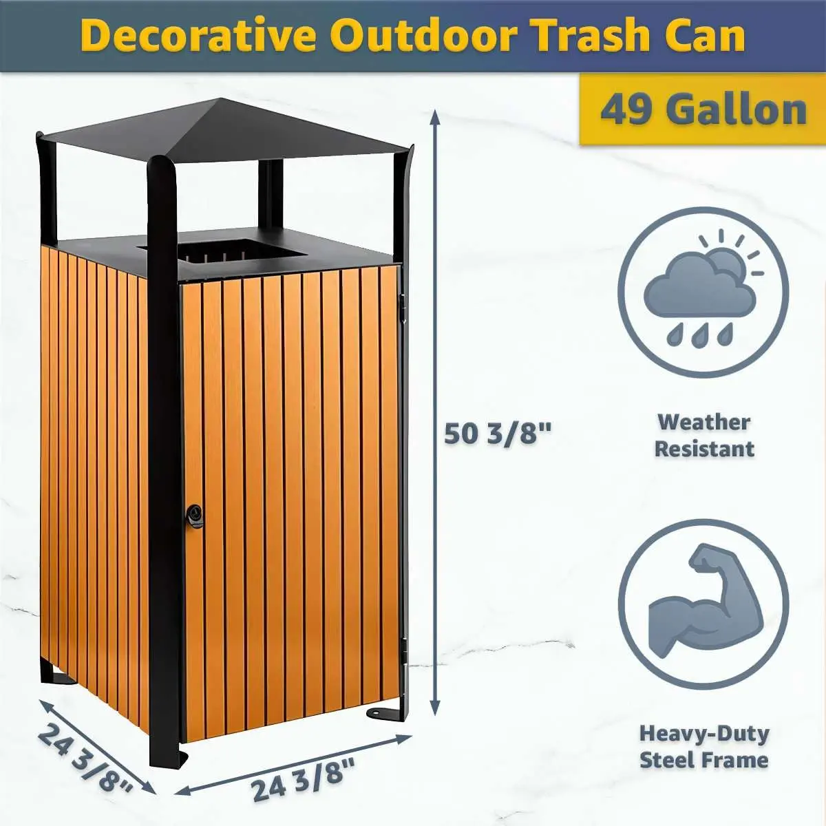 49 Gallon Commercial Outdoor Trash Can with Covered Top - Durable Steel and Wood Composite Garbage Bin with Liner, Customized