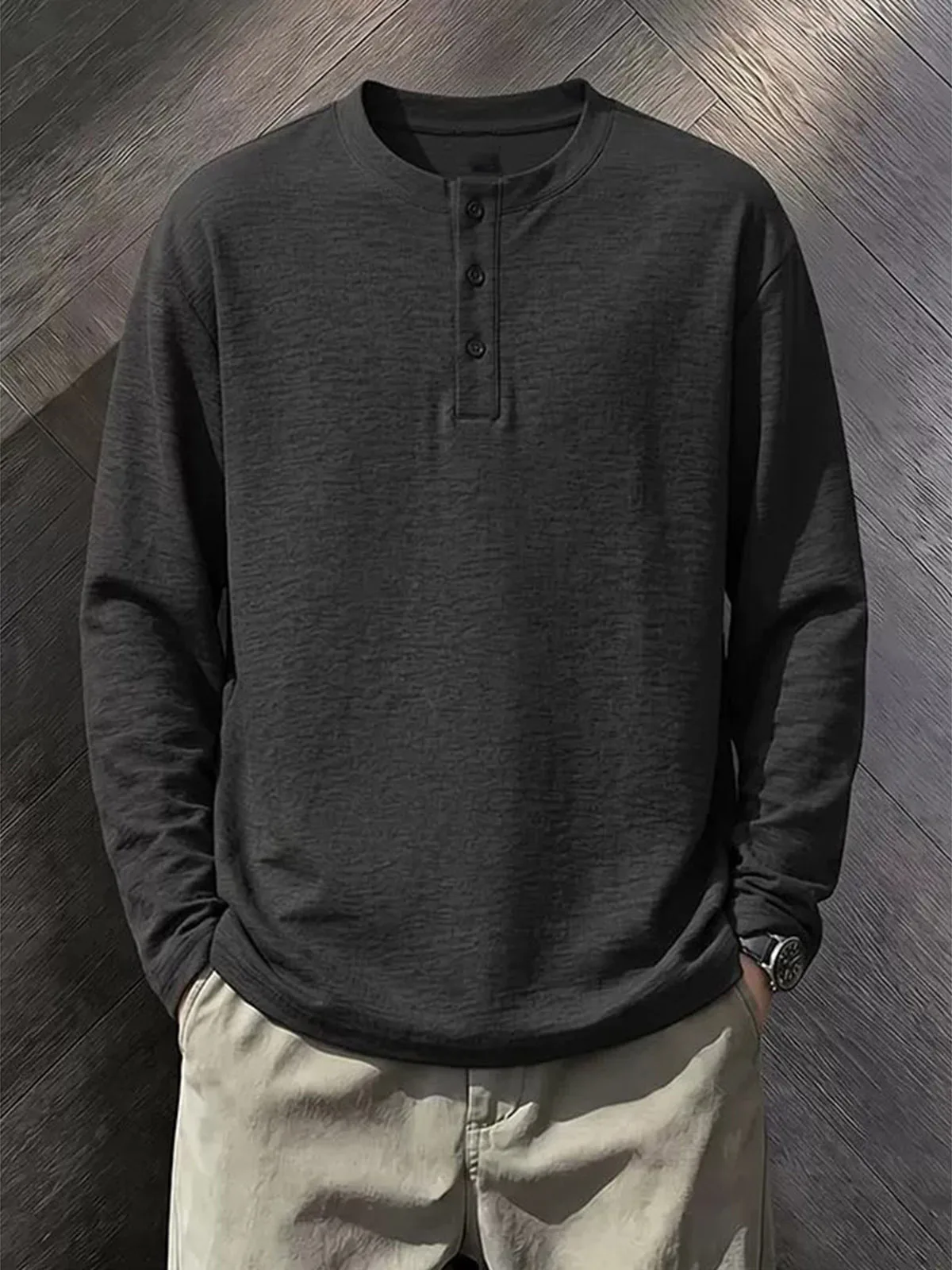 Loose Fit Long Sleeve Henry Collar T-Shirt Men's Linen Simulation Casual Wear Comfortable Lightweight Luxury Simple Style