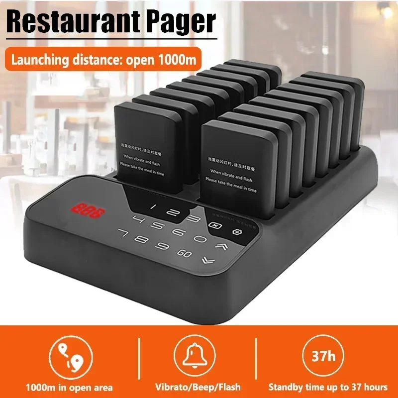 Wireless Restaurant Pagers Calling System 16 Coasters Buzzer Vibrator Bell Receivers For Food Truck Bar Coffee Fast Food Hotel