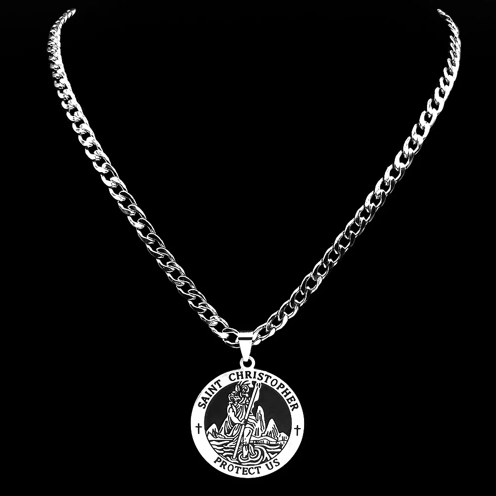 Saint Christopher Protect Us Enamel Medal Pendant Necklace for Women Men Stainless Steel Christian Chain Amulet Jewelry Gift