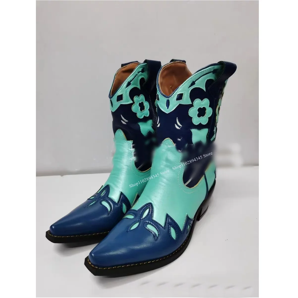 Blue Flower Pattern Mid Calf Boots Pointed Toe Chunky Heel Fashionable Cool Sexy Western Winter Woman Shoes Zapatillas Mujer