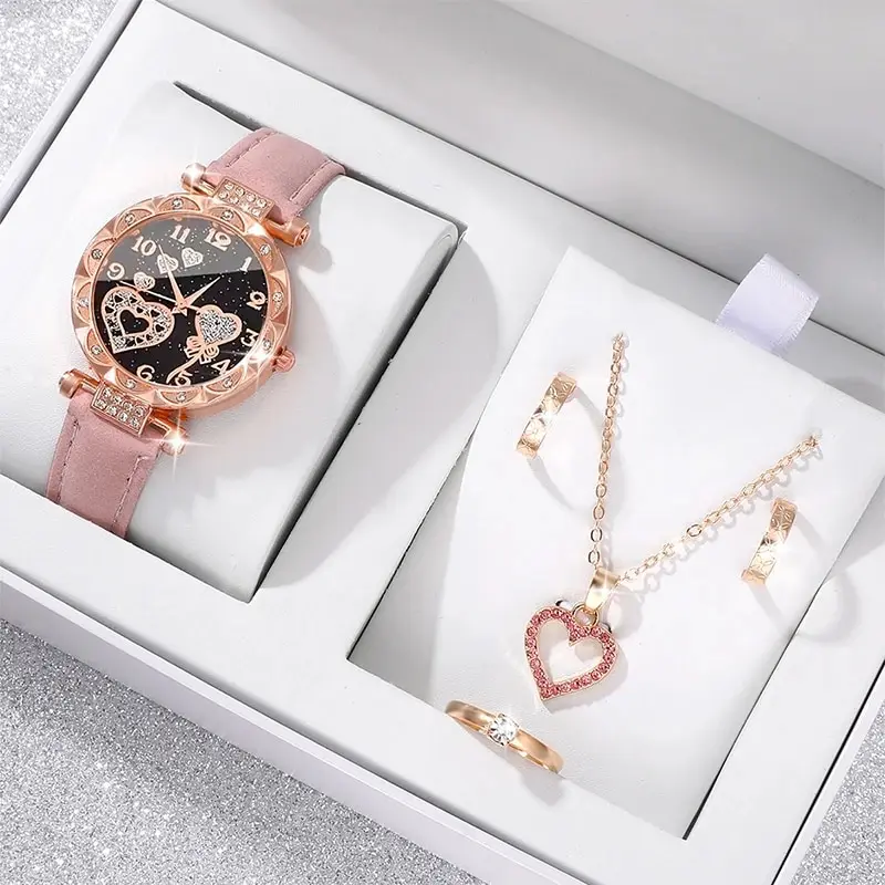 Ladies Pink Dress Watches Fashion Leather Strap Round Quartz Watches Heart Love Dial Design Elegant Dress Bracelet Watches