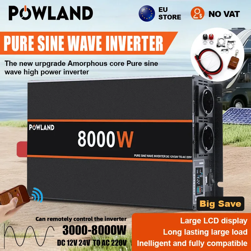 POWLAND onduleur à onde sinusoïdale Pure 8KW 6KW 5KW 4KW 3KW DC 12V 24V à AC 220V 50Hz convertisseur de puissance Portable avec télécommande