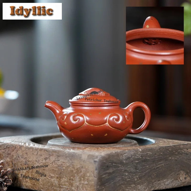 

170ml Antique Yixing Purple Clay Teapots Handmade Gold Drawing Pot Raw Ore Dahongpao Mud Kettle Zisha Tea Set Drinkware Gifts