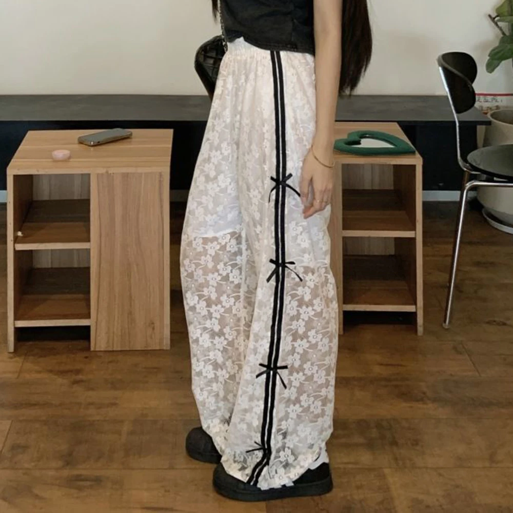 Bow lace white casual pants women's summer thin design sense hollow high waist thin straight trousers