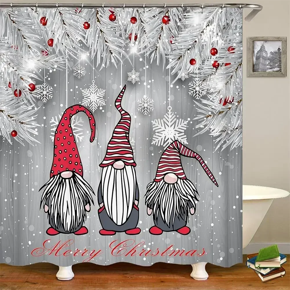 Christmas Shower Curtain Funny Cartoon Santa Claus Silver Fir Branches Snowflakes Grey New Year Home Decor Bathroom Curtains Set