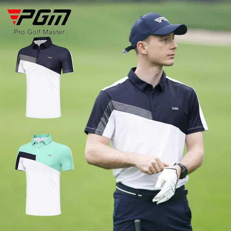 PGM Men Short Sleeve Golf T-shirt Male Breathable Patchwork Tops Fast Dry Turn Down Collar Polo Shirt Casual Golf Blouse