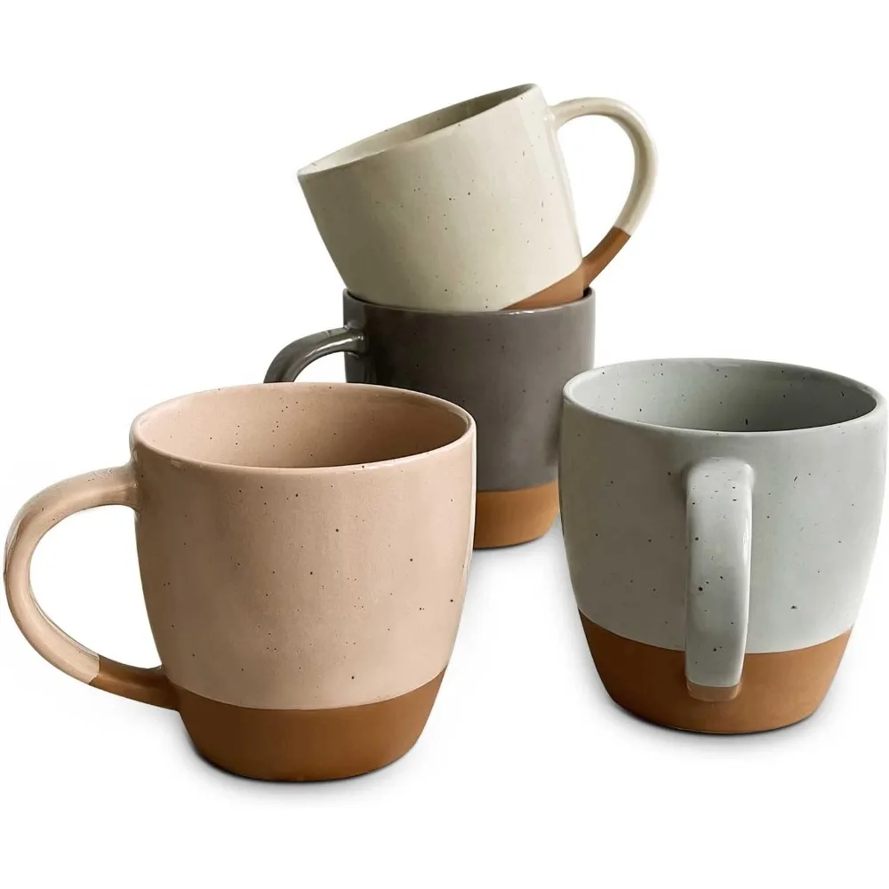 

Large Latte Mugs – 4-Pack 16 oz Boho-Style Ceramic Cups with Big Handle – Assorted Neutrals, Microwave Safe
