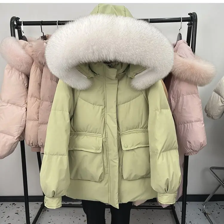 Zimowa nowa damska kurtka puchowa, luźna parka z kapturem