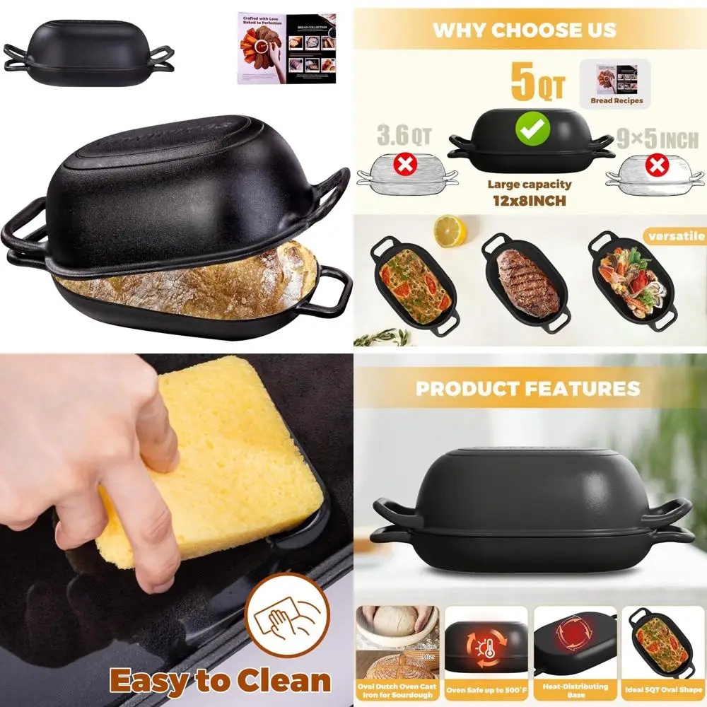 

Pre-Seasoned Cast Iron Dutch Oven for Bread Baking, 12 x 8 Inch, Perfect for Sourdough and Dutch Oven Bread Loaves, C-Shaped Bre