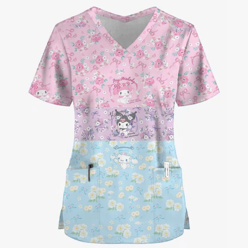 Hello Kitty Uniform Damska koszula robocza z nadrukiem Hello Kitty Pielęgniarka Sukienka z kieszeniami Świąteczne peelingi pielęgniarki zdrowotnej