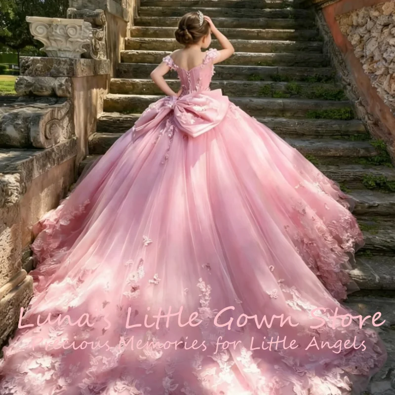 Vestido de niña de las flores con hombros descubiertos y encaje, largo hasta el suelo, de tul rosa degradado, estilo vestido de gala, con cola de lazo gigante de satén en la espalda, para desfile y eventos formales