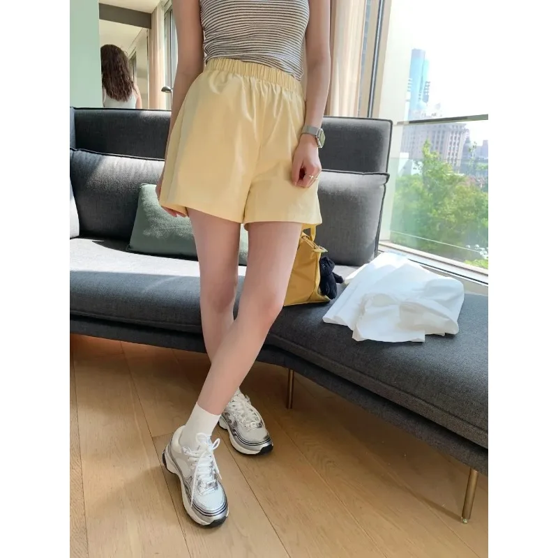 

Женские эластичные повседневные шорты с высокой талией, свободного кроя, однотонные, летние, с широкими штанинами