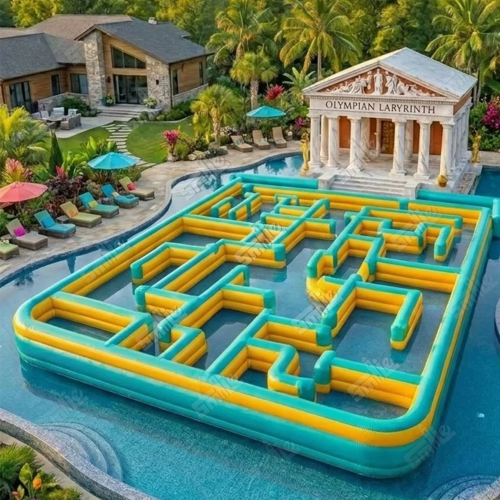 Inflatable Water Maze Pool with Slide Combo Heavy Duty Blow Up Obstacle Course Floating Playground for Aqua Park