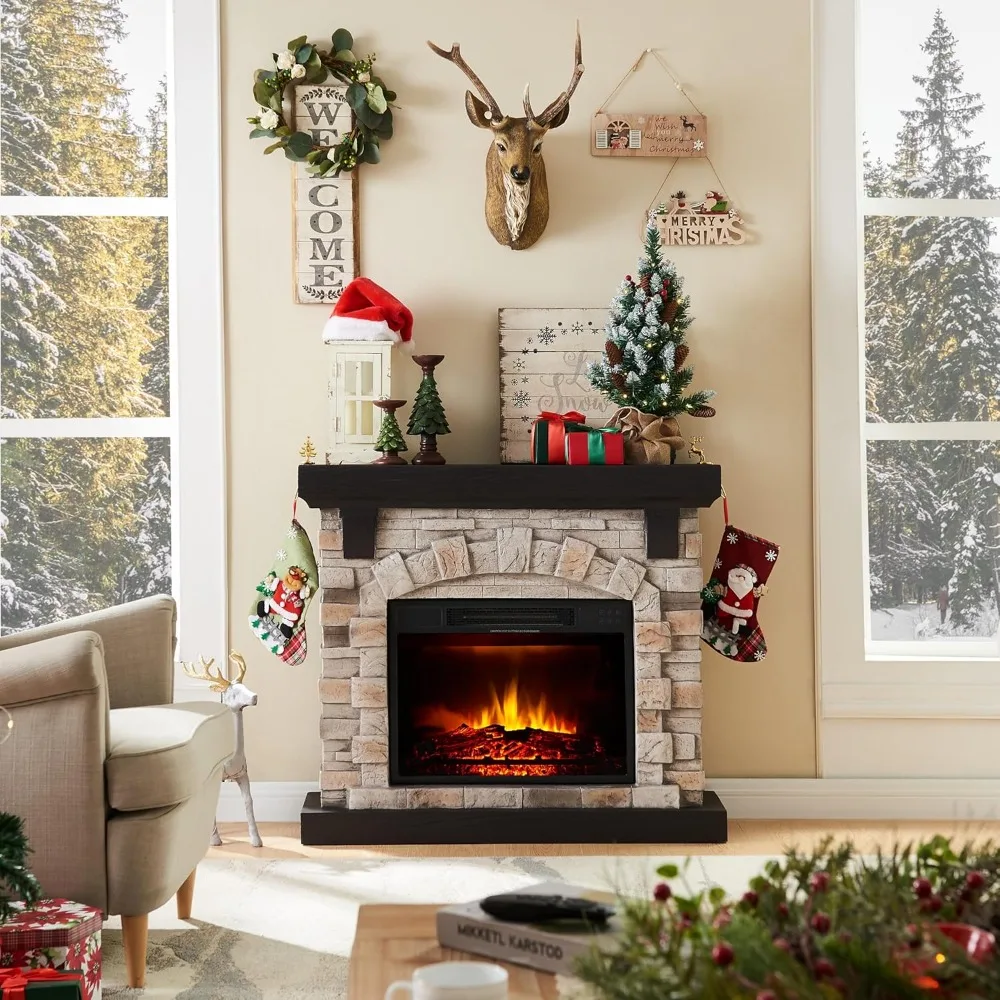 

Electric Fireplace with Mantel, 40”W Faux-Stone Fireplace Mantel, Tall Fire Place Freestanding with Brightness & Temperature