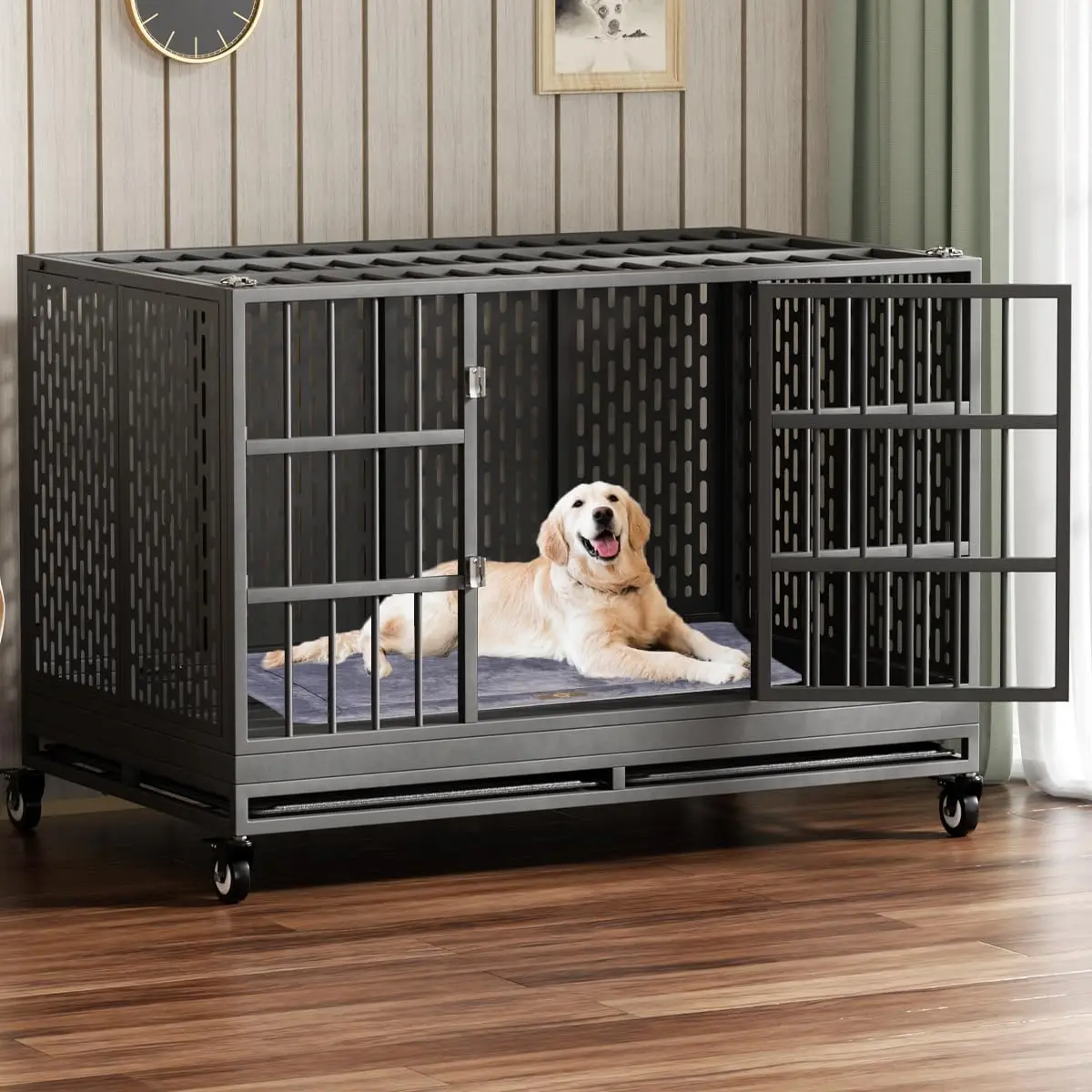 

48 Inch Heavy Duty Dog Crate with Wheels, Folding Metal Big Dog Cage for Large and Medium Dogs, Extra Large XL XXL