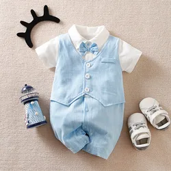 Summer newborn Baby Short Sleeved Gentleman Christmas Cotton Striped Fashion Jumpsuit Handsome Bow Tie 0-12 Months kids jumpsuit