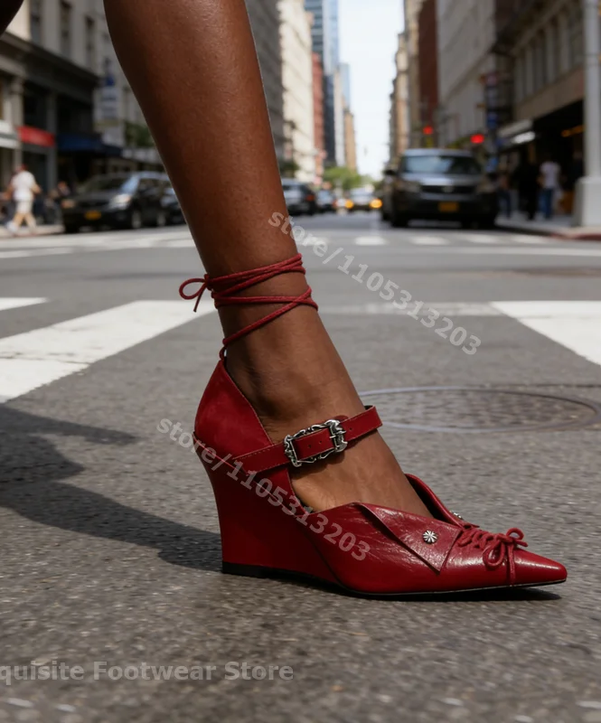 

Red Retro Pointed Toe Wedge Heels V Cut Ankle Strap Buckle Y2K Style Pumps for Streetwear Club Party Night Out Womens Shoes