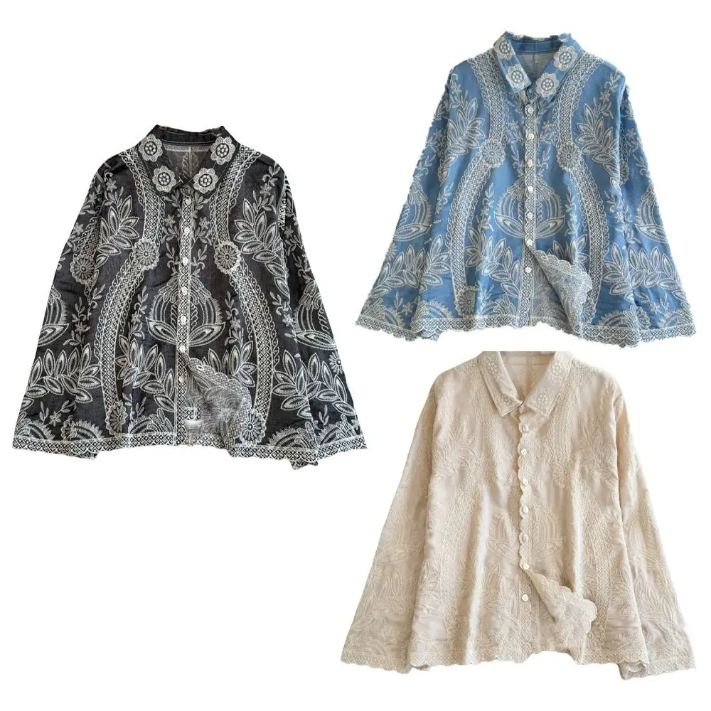Bright Color Ethnic Style Blouse for Women Cardigans Sweet Embroidery Lace Top Irregular Hem Chic Floral Shirts Vacation