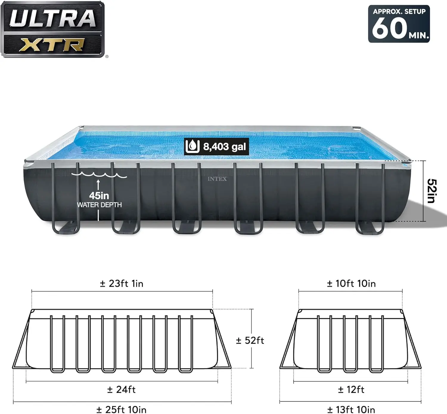 

26363EH Ultra XTR Deluxe Прямоугольный надземный набор для бассейна: 24 x 12 x 52 дюйма — включает в себя насос с песчаным фильтром 2100 GPH — новый