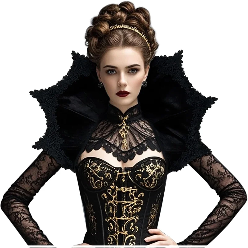 

Halloween Gothic Vampire Cosplay Medieval Costume Props Black Red Velvet Victorian Collar Cape Womens Role Play Carnival Party