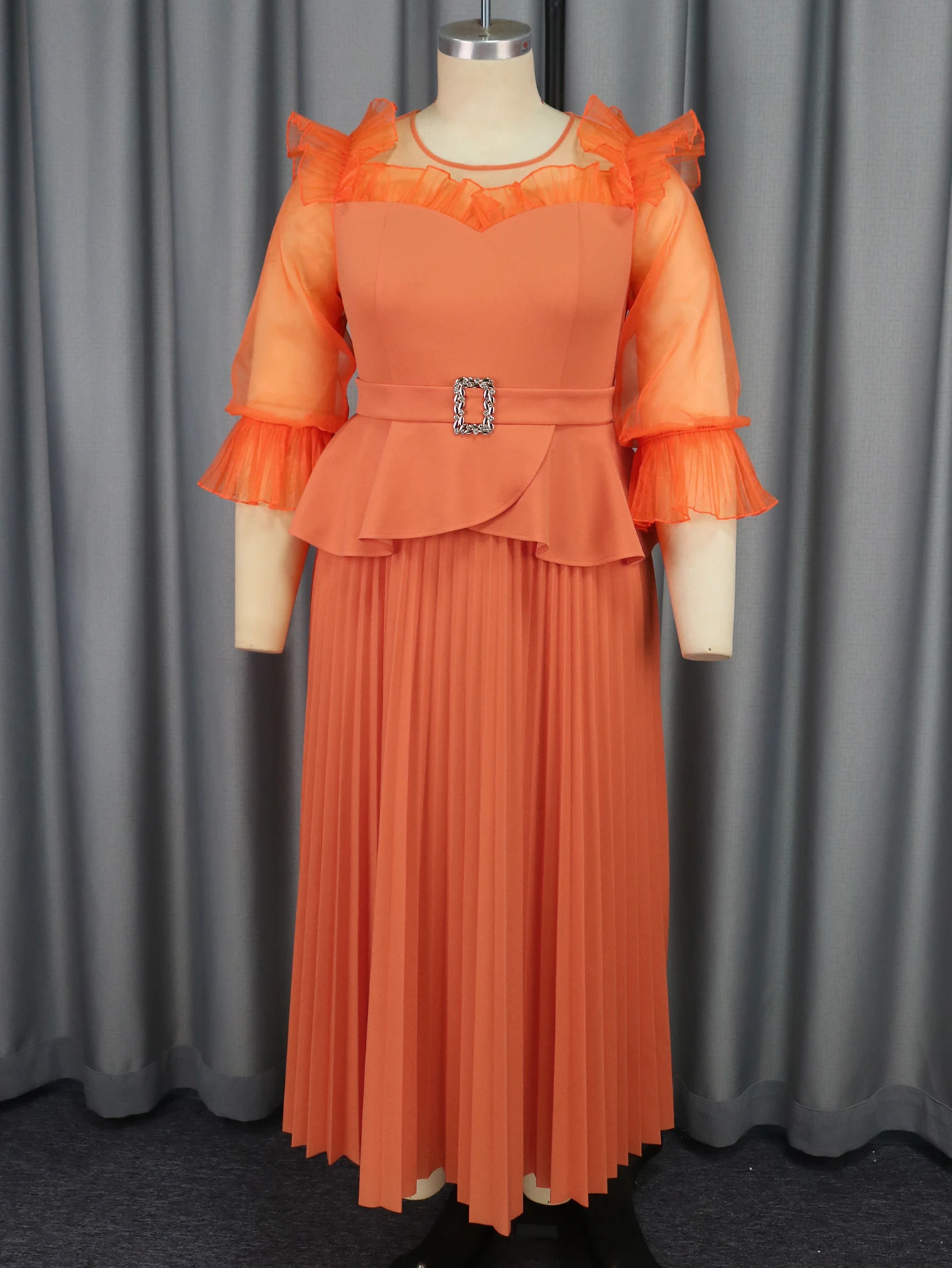 Orange Pleated Dresses for Women O Neck Mesh Patchwork Flare Sleeve Ruffles Peplum A Line Fashion Chic Elegant Causal Party Gown