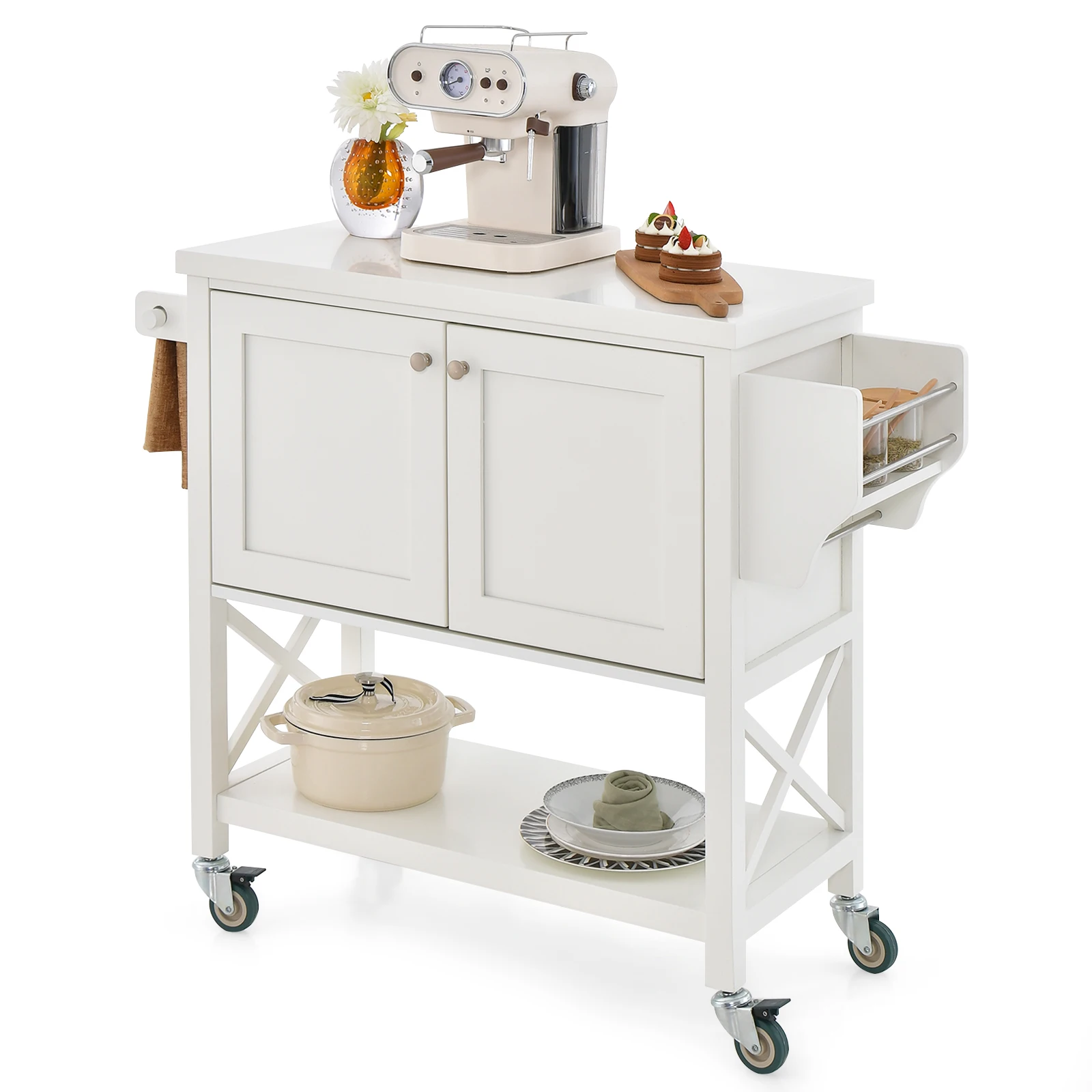 Kitchen trolley on castors, serving trolley with wardrobe & Storage, trolley with towel holder & spice rack, kitchen island cart