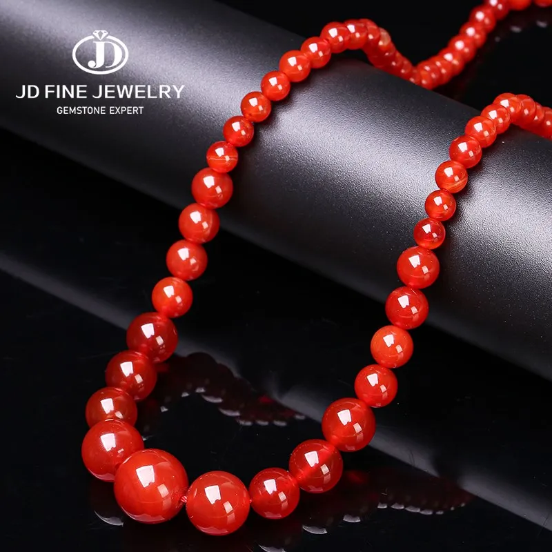 JD Natural Stone Red Agate Tower Chain Necklace Women Fashion Handmade Graduated Round Bead Strand Choker Collar Maxi Jewelry