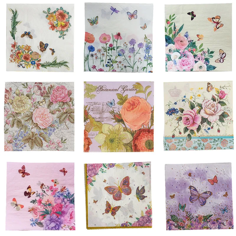 

20pcs/pack 33x33cm Butterfly Flower Disposable Napkin Paper Cocktail Wedding Birthday Party 2-Ply Square Dinner Napkins