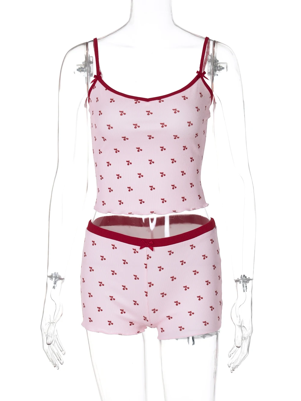 Hugcitar Cherry Print 2 Pcs Matching Sets Slips Bows Sexy Slim Crop Camis Top Shorts Summer Casual Women Outfit Festival Workout