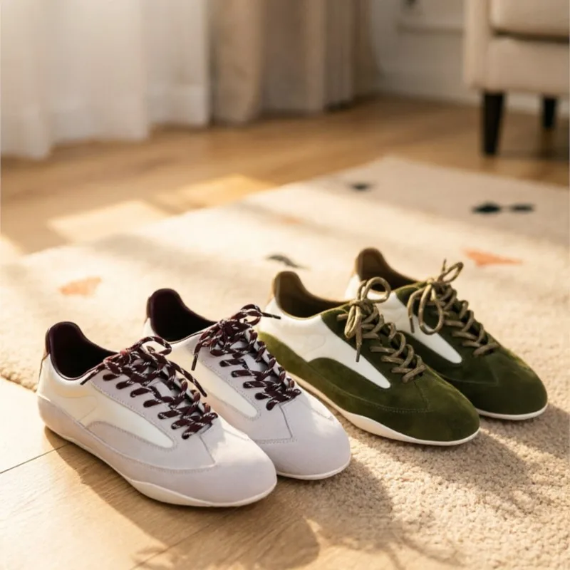 Women's Sneakers + Calfskin Leather, Sheepskin Lining, Rubber Sole, White-Green, Size 35-39, Casual Resort Style