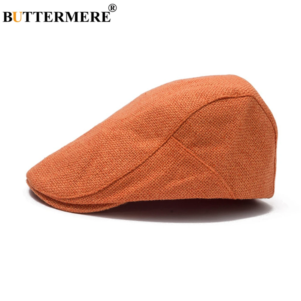 BUTTERMERE Linen Mens Beret Summer Flat Cap Adjustable Newsboy Cap Breathable Vintage Solid Orange Ivy Duckbill Hat