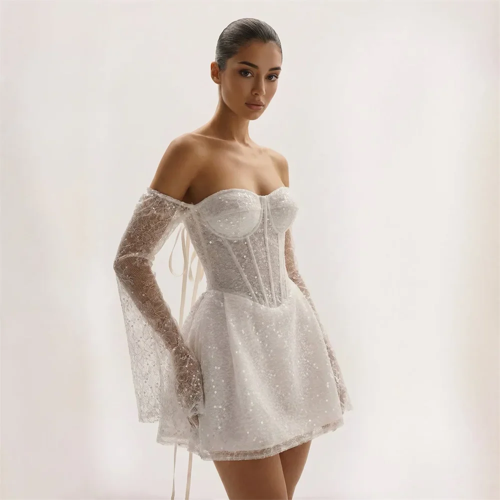 Charming Off the Shoulder Wedding Dress 2026 A Line Lace Sequins Long Sleeves Lace-Up Back Bride Bridal Party Gown vestidos