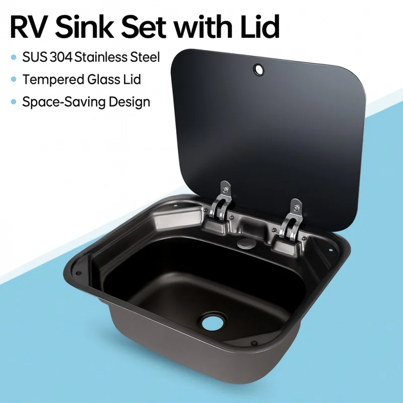 Black & Grey Camper RV Hand Wash Basin Sink – Heat/Cold Mixer Tap, Folded Faucet, Tempered Glass Lid, Sound-Absorbing Bottom