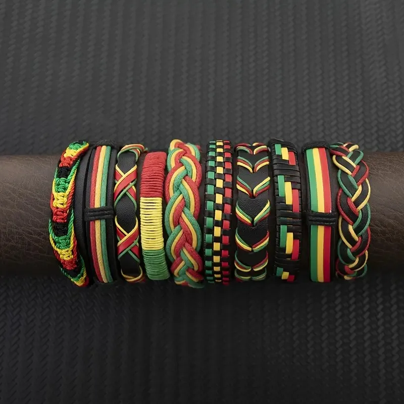 

10 Pcs African Bracelets Leather African Kente Bracelets Adjustable Braided Black History Kwanzaa Graduation Beaded Bracelet Jew