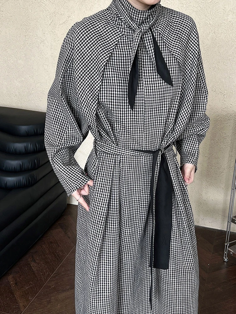 [EAM] Women Black Plaid Belted Big Size Long Vintage Dress New Stand Collar Long Sleeve Fashion Tide Spring Autumn 2024 1DH7607