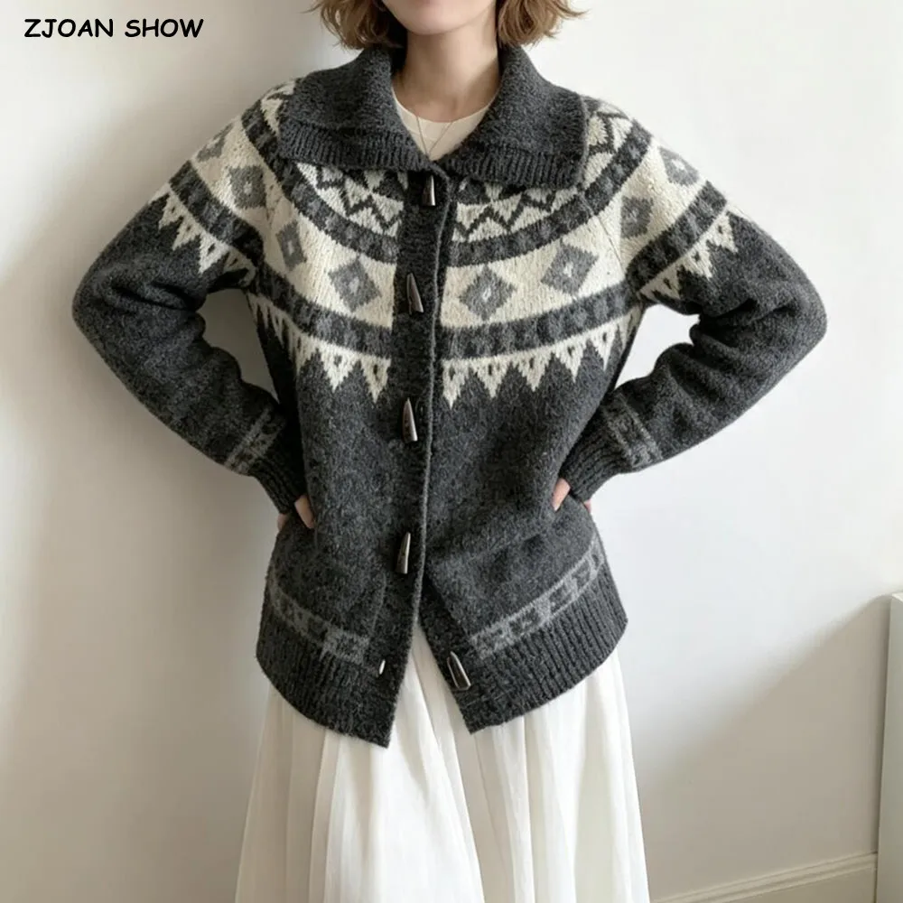 Autumn Winter Women Geometric Argyle Plaid Knitted Horn Buttons Cardigan Long Sleeve Loose Sweater High Neck Knitwear Dark Gray
