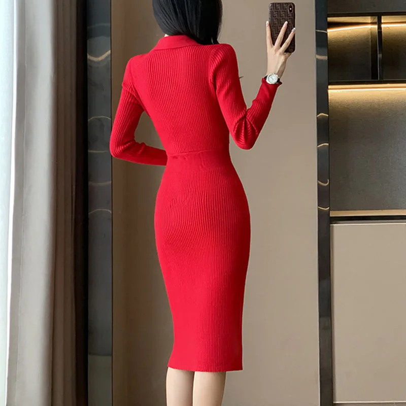 エレガントなハイウエストボディコンドレス女性ファッションストリートスリム弾性ニットドレスレディースボタン付き V ネックドレスローブ