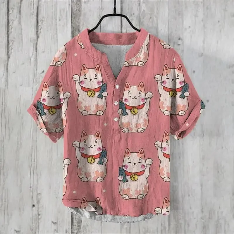 

Hello Kitty Wealth Cat Entertainment Leisure Luxury Men's Short sleeved Shirt Digital Print 3 Button Plus Fat Top