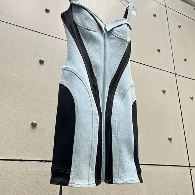 DEAT Streetwear Patchwork Contrast Color Denim Dress For Women Sleeveless Zipper Short Dresses 2024 Autumn Female New 11XX4973