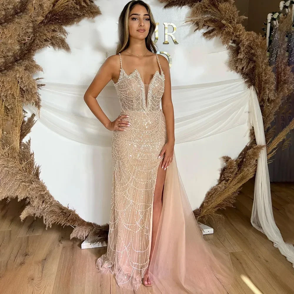 

Customized Luxury Mermid Evening Dresses Women Pearls Spaghetti Straps Side Slit Long Formal Prom Party vestidos de fiesta 2025