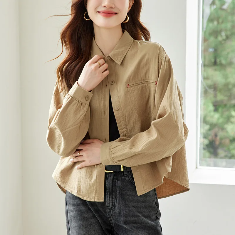 

Хлопковая рубашка с длинным рукавом, декором в виде узлов и карманов, свободного кроя, осенняя новинка для женщин