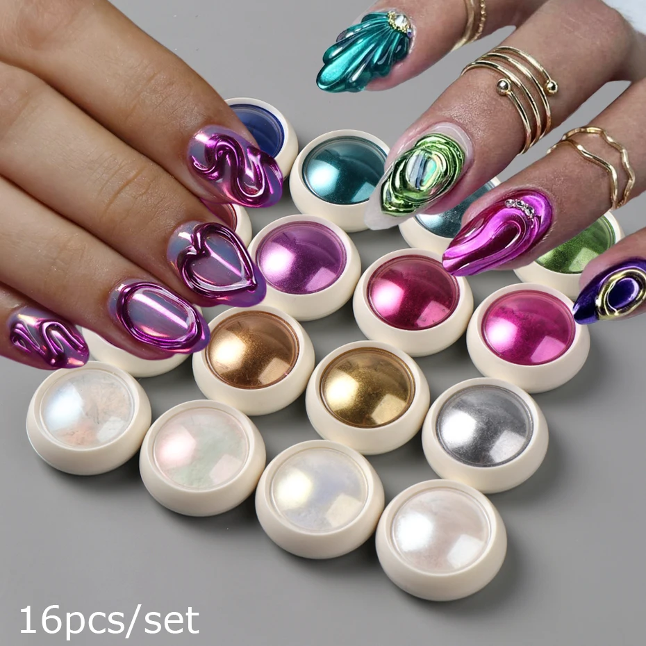 16pcs/set Y2K Super-Bright Metallic Magic Mirror Chrome Nail Powder Set  Holographic Iridescent Effects Including Aurora Dust