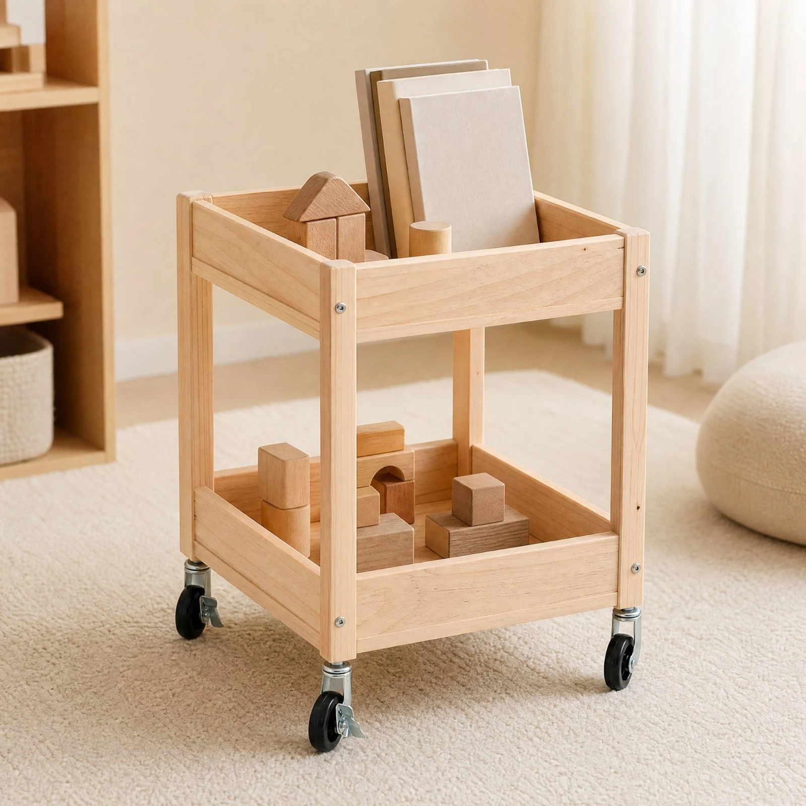 Wooden Organizer Lockable Solid Wood Wood Storage Rack with Casters Rolling Book and Supply Rack with Locking Brakes