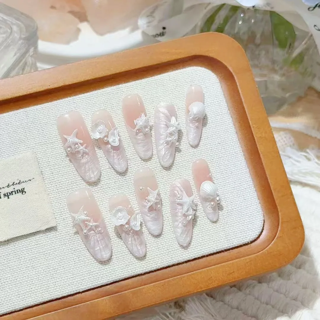 

10PCS 3D Mermaid Shell Press On Nails Handmade Dreamy Pearl Starfish Bridal Fake Nails for Party Wedding Luxury Nails Art