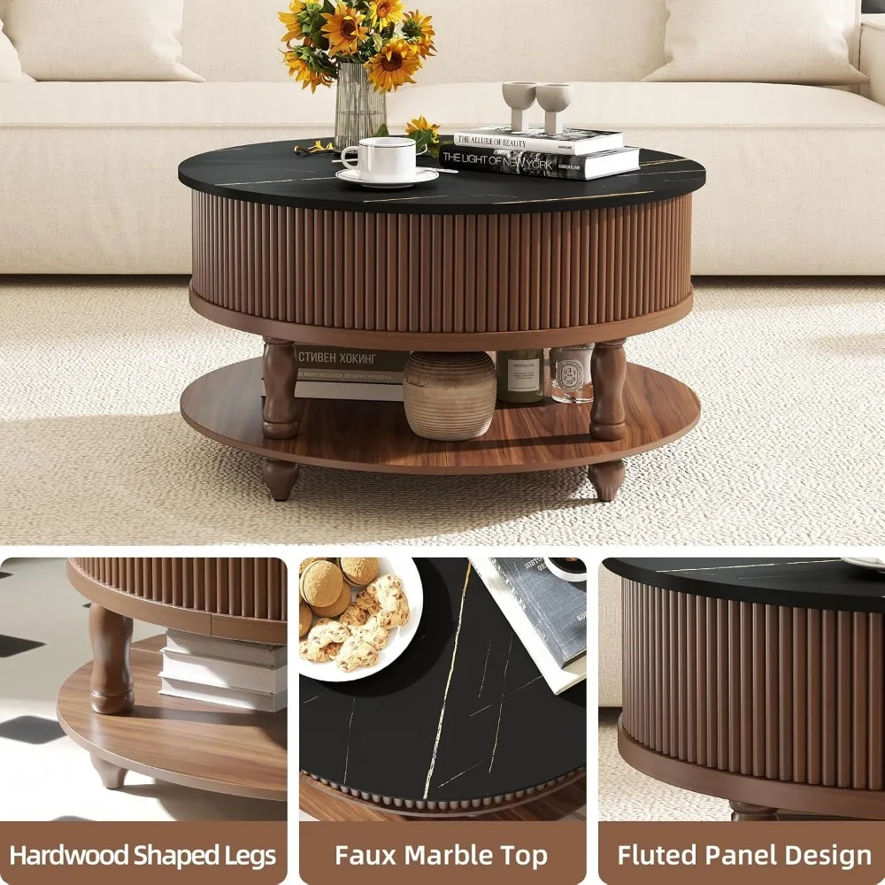 Round Coffee Table with Lifting Top,Mid Century Modern Coffee Table with Storage,Faux Marble Coffee Table for Living Room